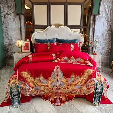 Luxury Gold Red Phoenix Peacock Egyptian Cotton 1000TC Embroidery Wedding Bedding Set